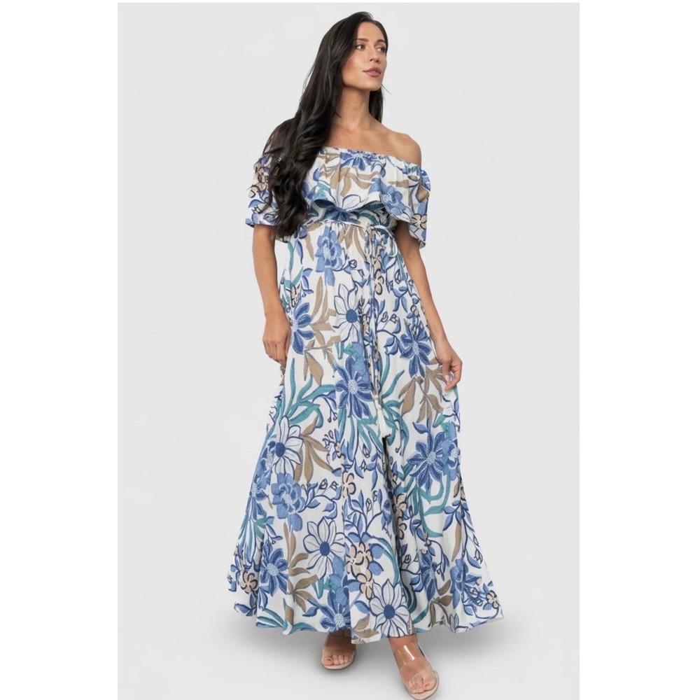 Baltic Born Valentina Off Shoulder Floral Maxi Dress Cream Blue 1XL